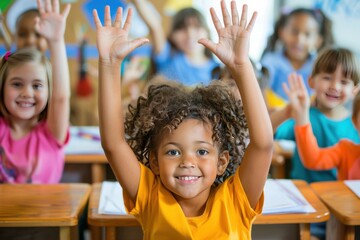 Happy Schoolchildren Raising Hands in Classroom