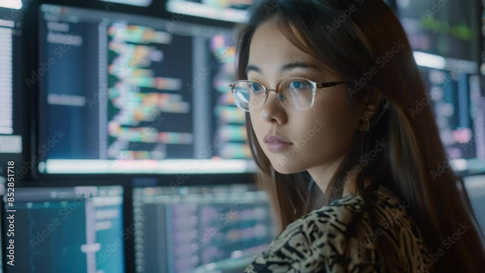 Sticker Asian woman wearing glasses closely inspects multiple computer screens on a wall, An Asian woman developer surrounded by computer screens displaying lines of code