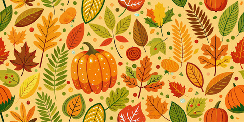 Autumn leaves and pumpkins pattern on yellow background