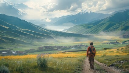 Obraz premium Portray the allure of minimalist travel with an image of a traveler pausing to admire the simplicity of a traditional Tibetan village nestled amidst rolling hills.