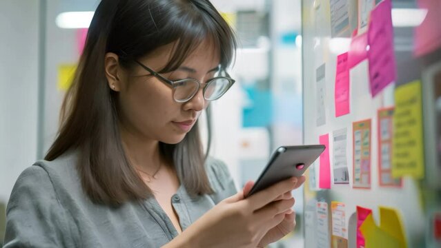 An Asian woman with glasses is focused on her cell phone screen, An Asian woman developer testing out a new mobile application on her smartphone