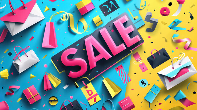 A dynamic and colorful digital illustration of a SALE banner for an online store