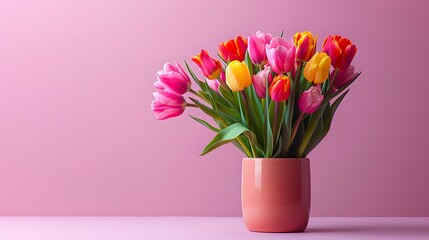 Fototapeta premium Colorful tulips in vase on pink background, copy space concept for Happy Mother's Day greeting card design. Beautiful colorful flowers bouquet, tulip flower boquet in ceramic pot on table.