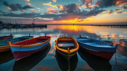 Colorful boats on the pier during sunset