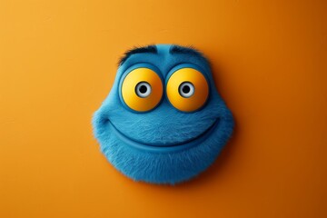 Fototapeta premium Cute cartoon blue face with big eyes and happy smile on orange background