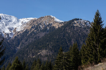 Obraz premium vista dettagliata di una catena montuosa, vista da breve distanza, con pendii ripidi, ricchi di foreste e di prati sulle cime, coperti parzialmente dalla neve, sotto un cielo azzurro e sereno