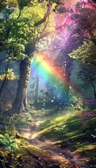 Magical fantasy fairytale forest with rainbow, transporting you whimsical realm