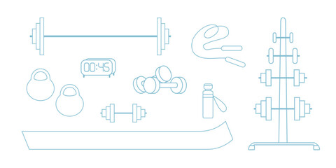 Gym equipment for workout set. Training accessories for sport club or home exercises. Bodybuilding, weightlifting. Dumbbells, barbells, jump rope, mat, icons. Isolated flat vector illustration