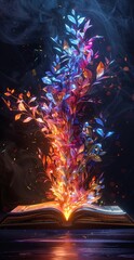 Obraz premium Magical book with vibrant colorful leaves emerging in a mystical glow