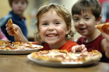 Group of Children Enjoying Pizza Together