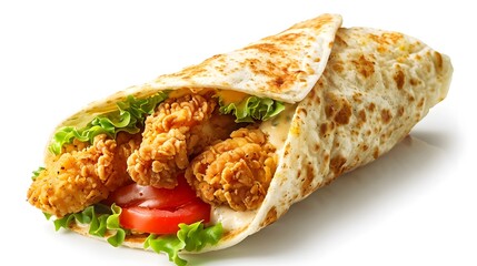 Fried chicken wrap on a white background, in a high resolution photographic style, stock photo with professional color grading and clear sharp focus.