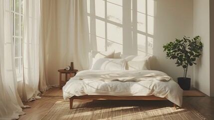 Minimalist bedroom with a wooden bed and white walls, in the style of Japanese interior design, natural light from large windows creates a calm atmosphere.
