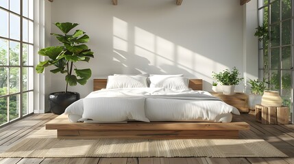 Minimalist bedroom with a wooden bed and white walls, in the style of Japanese interior design, natural light from large windows creates a calm atmosphere.