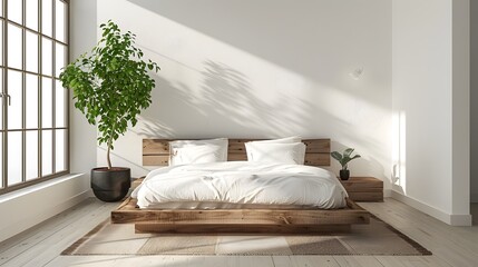 Minimalist bedroom with a wooden bed and white walls, in the style of Japanese interior design, natural light from large windows creates a calm atmosphere.