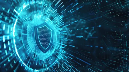 Futuristic digital shield with blue glowing lines representing cybersecurity protection and data encryption concepts.