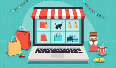 Fototapeta premium Illustration of an online shopping concept with a laptop, shopping bags, credit card, and colorful decorations on a turquoise background.