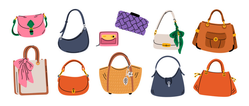 Woman handbags. Trendy designer female bags. Leather and textile ladies accessories. Fashionable shopping. Stylish purse. Modern shopper and crossbody. Luxury clutch. Garish vector set