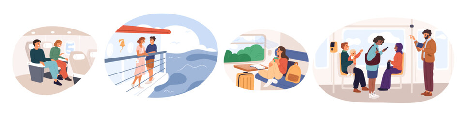 People on different vehicles. Cartoon passengers traveling in various ways. Couple sitting on bus seats. Train traffic. Plane flight. Public transport. Yacht cruise. Garish vector set © VectorBum
