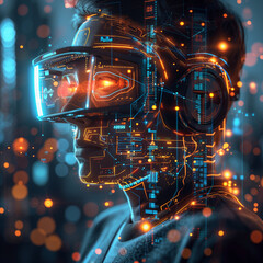 A person wearing virtual reality glasses with glowing data and cyberpunk elements in the background, featuring a head composed of digital patterns and lights, technology with a subtle neon color.