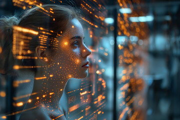 woman in a modern office surrounded by digital data and code. face illuminated with orange light effects, creating a futuristic technology atmosphere, with glowing screens displaying complex patterns 