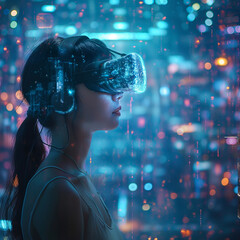Young woman wearing VR glasses immersed in a cyberpunk virtual reality world, surrounded by holographic data streams and futuristic cityscapes, side view wide shot with effect and cinematic light.