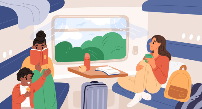 Passengers ride in train carriage. People travel by intercity transport. Girl drinking tea and looks out window. Women sitting at seats. Railway transportation. Garish vector concept