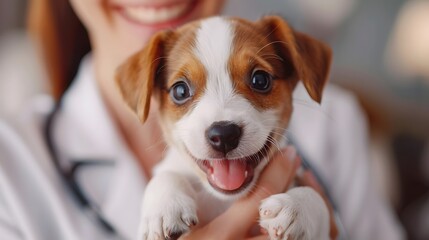 Product photo of an excited small Jack Russell Terrier puppy being held by the neck in front and to his side, with hands from a female doctor wearing a white coat holding him, full body shot.