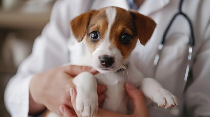 Product photo of an excited small Jack Russell Terrier puppy being held by the neck in front and to his side, with hands from a female doctor wearing a white coat holding him, full body shot.