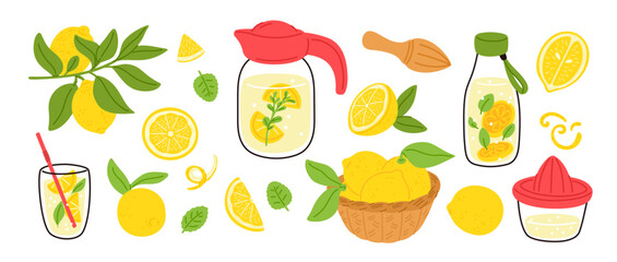 Homemade lemonade. Fresh summer citrus drink with sugar and mint leaves. Juicy sour fruits in water. Glass jugs and bottles. Refreshing beverage cooking. Lemon soda. Garish vector set