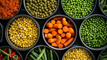 An overhead shot of colorful tins filled with assorted vegetables like carrots, green beans, corn, peas, and broad beans. The vibrant colors and textures of each vegetable stand out against a black