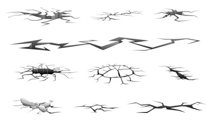 Ground cracks. Earthquake effects. Damaged surface. Holes in ruin floor. Destruction cleft. Road split. Grungy fissure. Land erosion. Wall wrecking. Damaged dried elements vector set