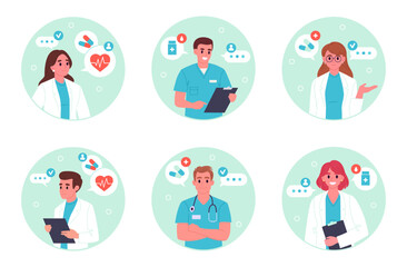 Doctors business card. Therapist or surgeon avatars, medical hospital worker consultation app, medical doctors portrait flat vector illustration set. Medical clinic workers