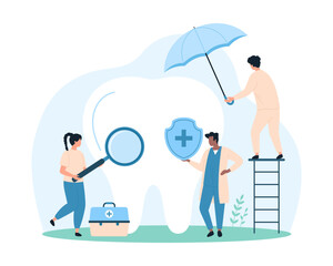 Dental insurance, oral and teeth health inspection by dentists. Tiny people holding shield, umbrella and magnifying glass to check tooth trouble and protect enamel cartoon vector illustration