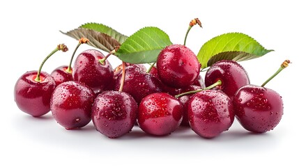 Obraz premium Red cherries, a bunch of cherries with leaves isolated on a white background. White transparent background for easy shadow play and composition setting.