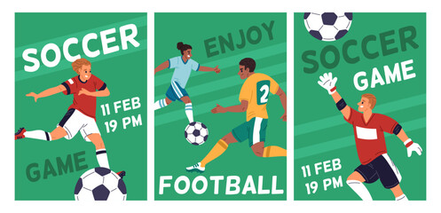 Football match cards. Soccer players kicking ball on stadium field. Dynamic poses of athletes. Championship invitations posters. Sport competition. Footballers playing. Garish vector set