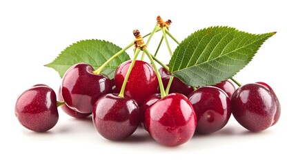 Red cherries, a bunch of cherries with leaves isolated on a white background. White transparent background for easy shadow play and composition setting.