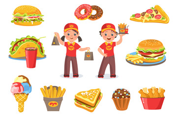 Fastfood restaurant. Little bistro workers. Boy and girl in uniform holding food packages. Cafe staff. Hotdog and fries potato. Cashier and waiter with meal tray. Splendid vector set