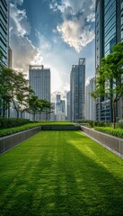 Tranquil green lawn against bustling city skyline. Urban oasis provides refreshing escape