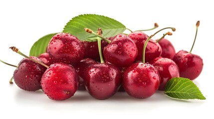Obraz premium Red cherries, a bunch of cherries with leaves isolated on a white background. White transparent background for easy shadow play and composition setting.