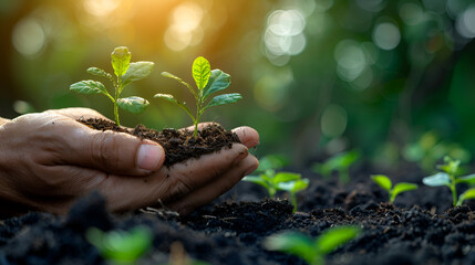 Hands holding seedlings - Modern agriculture with techno - Generative Ai