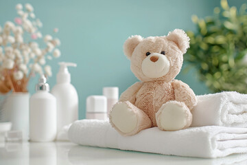 Accessories for baby with bear and lotion bottles generated.Ai