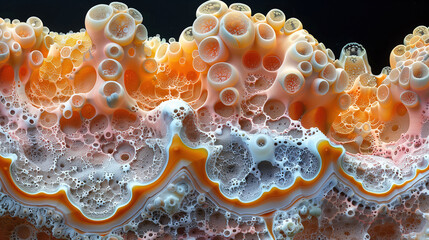 A close-up of a colorful, abstract, and organic-looking structure with various bubbles and textures in orange, white, and purple hues.