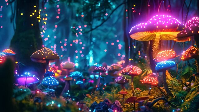 Multiple colorful mushrooms growing in grassy area in the forest, An enchanting forest filled with colorful mushrooms and fairy lights