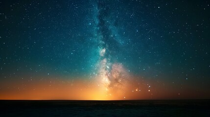Starry night sky with the Milky Way, viewed from an open field at dusk. There are no light sources but some distant city lights glowing subtly below. Incredibly beautiful, relaxing.
