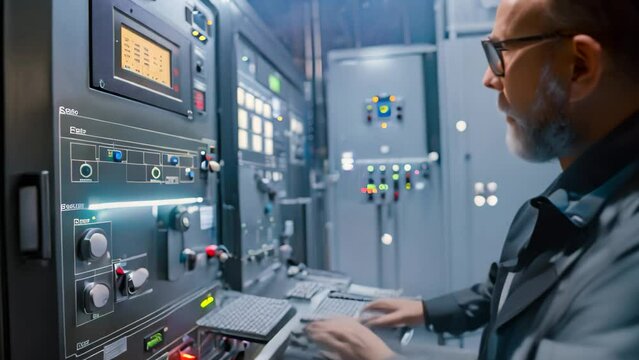 Engineer adjusting control settings on SCADA system in control room, An engineer adjusts control settings on a SCADA system interface