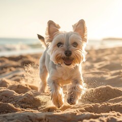 Happy Yorkshire Terrier dog running on sandy beach with sunset background.