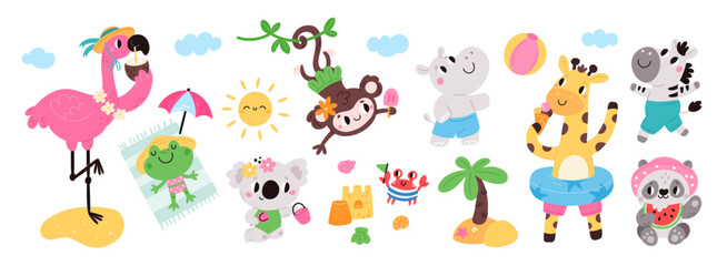 Cartoon animals on beach. Fauna characters in swimwear and shorts. Summer holidays. Lifebuoys and umbrellas. Summertime vacation. Cute flamingo. Happy giraffe in bikini. Garish vector set