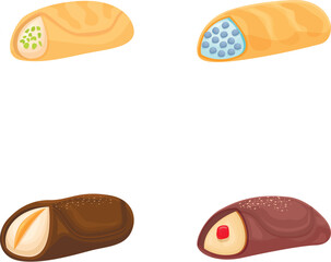 Colorful collection of cartoonstyle bread and pastry illustrations, isolated on white