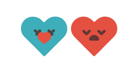 In front of a transparent background,a stylized pair of hearts,one blue and a smaller red heart in the middle,the other red with closed eyes.They seem to represent different emotions or characters.AI