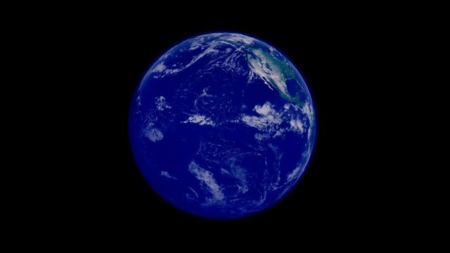 A seamless looping animation of the earth rotating 360 degree on deep black background as 3d modeling ray tracing animation with transparency blue atmosphere.